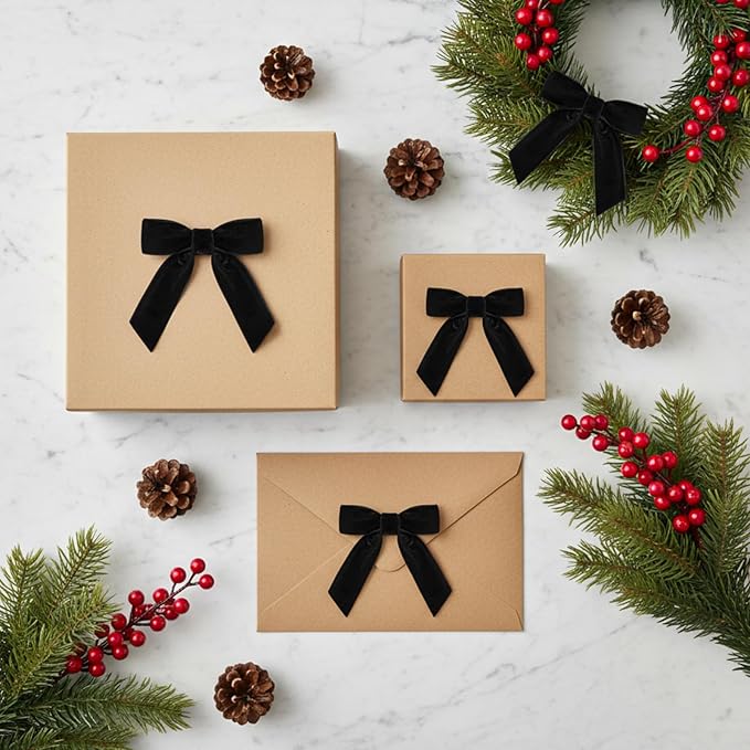 30 Pcs Velvet Ribbon Bows 3.5" x 3.5" Pre Tied Christmas Velvet Bows with Twist Tie for Gift Packaging Christmas Tree Wreaths Door Windows Wedding Party Decoration(Black)