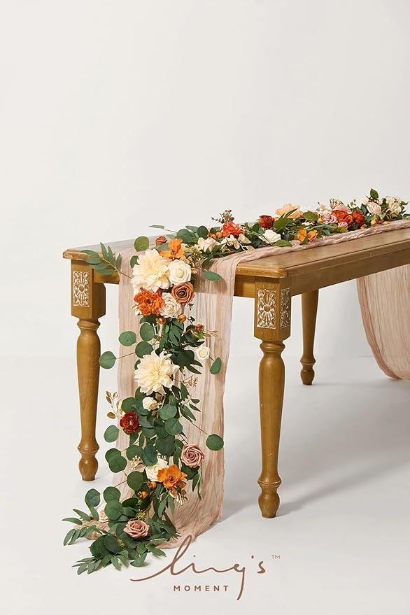 Ling's moment Fall Flower Garland - 6FT Eucalyptus & Rose - Sweetheart Table Decor for Wedding Reception, Artificial Floral Garland for Mantle, Thanksgiving, Christmas Decoration, Sunset Terracotta