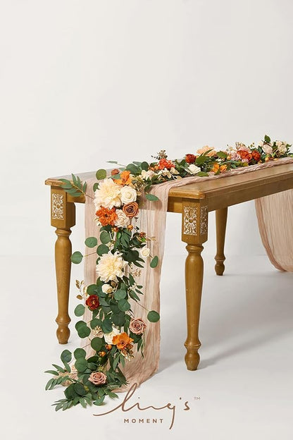 Ling's moment Fall Flower Garland - 6FT Eucalyptus & Rose - Sweetheart Table Decor for Wedding Reception, Artificial Floral Garland for Mantle, Thanksgiving, Christmas Decoration, Sunset Terracotta