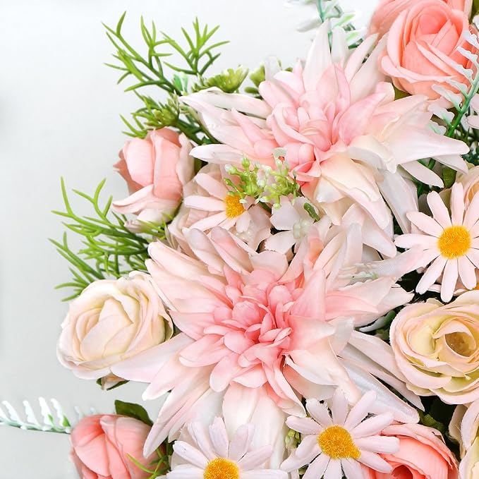 2PCS Artificial Flowers Dahlia Bouquet Fake Flowers Pink Silk Roses Daisies Faux Floral Arrangements for Dining Table Centerpieces for Kitchen Bridal Bouquet Wedding Party Home Decor