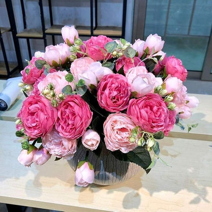 DEEMEI Artificial Peony Flower Silk Peonies Bouquet 4 Bundles Fake Flowers Bulk for Home Wedding Party Decor (Rose Red+Pink)