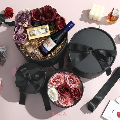 ROSEGLD Round Gift Boxes with Lids Set of 4, Luxury Gift Boxes with Ribbons Assorted Sizes, Nesting Gifts Boxes for Flowers Arrangements, Bridesmaid, Proposal, Wedding, Birthday, Party (Matte Black)