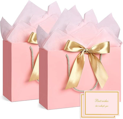 JMANNI Medium Size Gift Bags - 2Pcs Paper Gift Bag with Handles, 4 Tissue Paper & 2 Greeting Cards for Women, Girls, Bridesmaid, Birthday, Valentines, Wedding, Party (Pink)