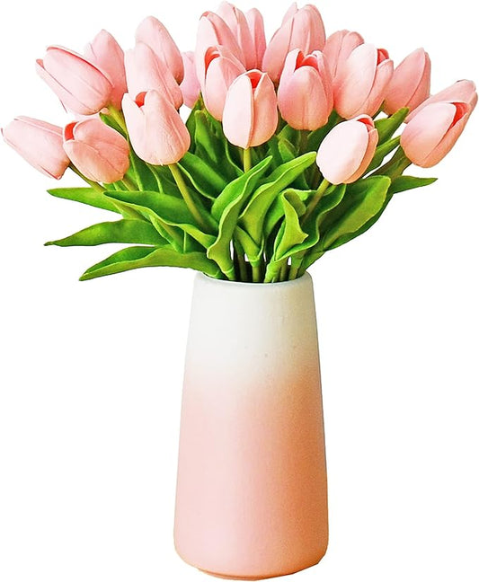 Mandy's Artificial Tulips 28 Stems Light Pink with Gradient Pink Vase PU Faux Flowers for Thanksgiving and Christmas Decorations Wedding Home Decor 13.5 Inch