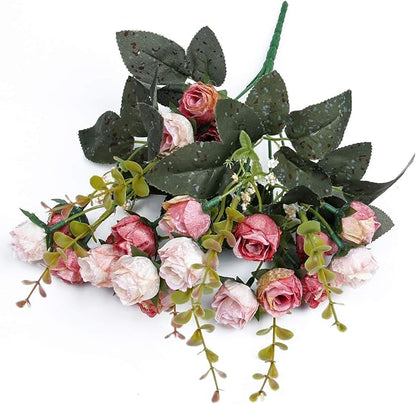 Flojery 21 Heads Silk Rose Bouquet Artificial Flowers Mini Rose for DIY Wedding Bouquets Centerpieces Bridal Shower Party Home Decorations,Pack of 4 （Pink）
