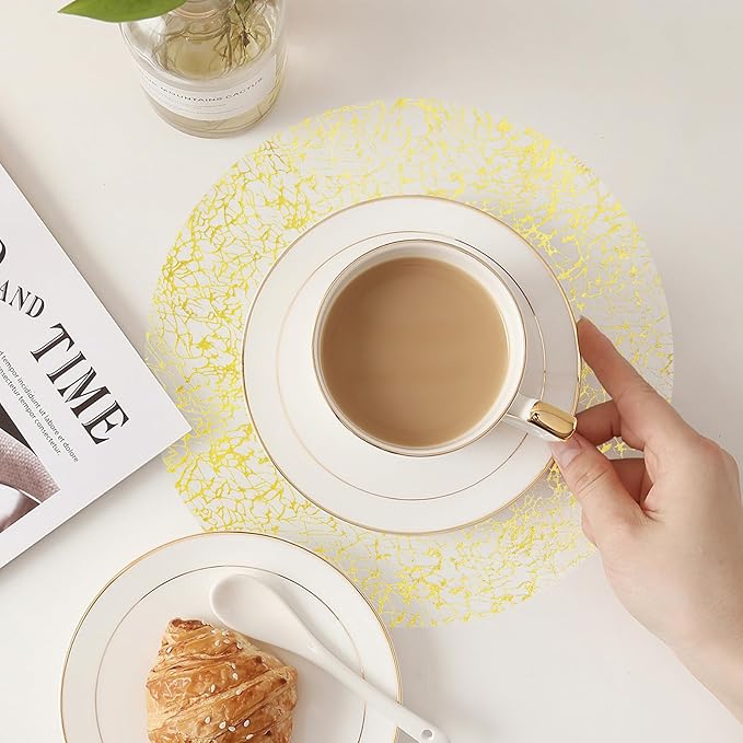 Hysenm 50 Pcs Disposable Gold Placemats Set Metallic 13 Inch Round Table Doilies, Ultra-Thin Messy Lines Disposable Placement Mats for Home Decoration Dining Table Wedding Birthday Party