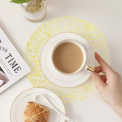 Hysenm 50 Pcs Disposable Gold Placemats Set Metallic 13 Inch Round Table Doilies, Ultra-Thin Messy Lines Disposable Placement Mats for Home Decoration Dining Table Wedding Birthday Party