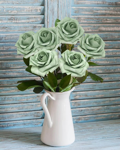 JOYLEX 50PCS Elf Green Artificial Flowers Realistic Roses, Real Looking Fake Roses with Stem for DIY Wedding Bouquets Centerpieces Bridal Shower Party Home Romantic Decorations (Elf Green, 50pcs)