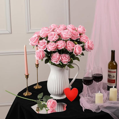 Nubry 24pcs Artificial Silk Roses Bulk,Fake Roses Flower with Stems Realistic Flowers for Wedding Centerpiece Home Party Decor(Pink)