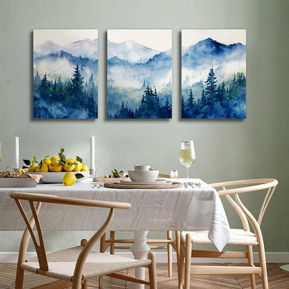 SERIMINO Nature Landscape Canvas Wall Art for Living Room, Forest Mountain Canvas Prints Paintings, Blue Modern Farmhouse Wall Decor for Bedroom Bathroom Set of 3, 16"X24"