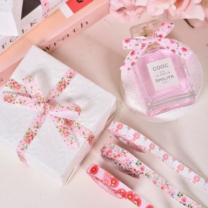 Floral Grosgrain Ribbon, 5 Rolls Flower Pattern Ribbon Spring Summer Fabric Decorative Craft Ribbon Roll for Gift Wrapping Decor Hair Bow Sewing Wreath Crafts (Pink Floral, 3/8 inch X 20Yards)