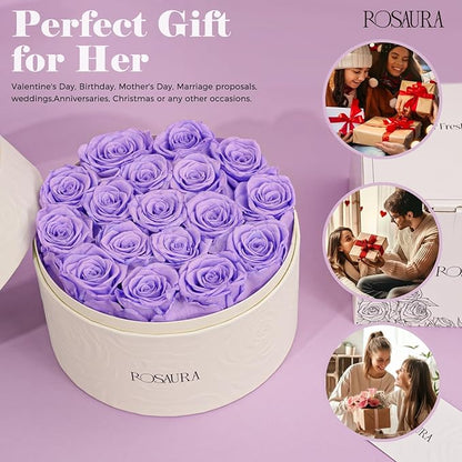 Rosaura Round Preserved Roses Gift Box - Real Forever Flowers for Birthday, Valentine's & Mother's Day (Light Purple, 17 Roses)