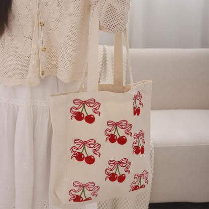 Aesthetic Embroidery Tote Bag for Lady Cute Reusable Canvas Shoulder Bag for Girls Women Shopping Grocery