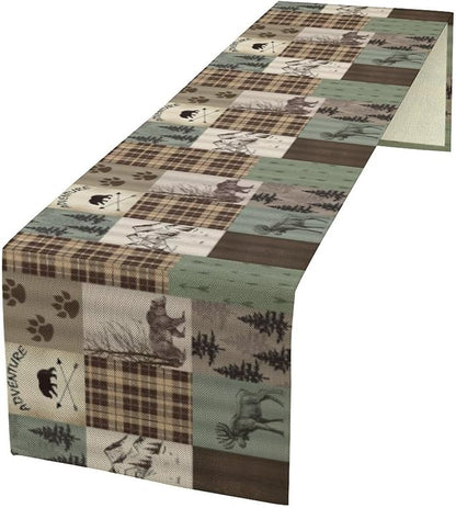 Rustic Moose Deer Bear Table Runner, Retro Vintage Bear Cottage Country Style Cabin Farmhouse Dinner Runner for Home Kitchen Dining Table Decoration 13"x108"