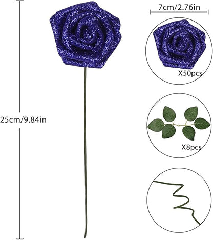 Artificial Roses,50PCS Royal Blue Roses Artificial Flowers 2.76" Sparkle Roses Glitter Flowers for Wedding Christmas DIY Wreath Home Table Floral Arrangement(Royal Blue)