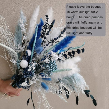 Natural Dried Pampas Grass Bouquet, 17" Blue Pampas Grass, Lavender Decor, Bohemian Style Family Wedding Country Farmhouse Decorated with Dried Flowers