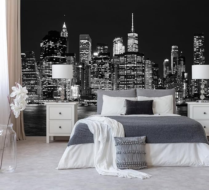 Black City Wallpaper Peel and Stick New York Night Scene Self Adhesive Wall Mural for Living Room Bedroom 157"x108"