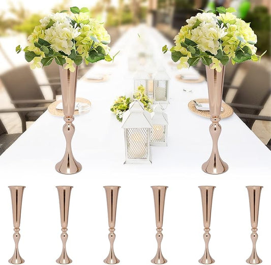 6 PcsTall Gold Trumpet Wedding Flower Vases, 22'' Metal Versatile Centerpieces, Tabletop Flower Stand for Wedding Anniversary Birthday Party Decorations Home Event Decor