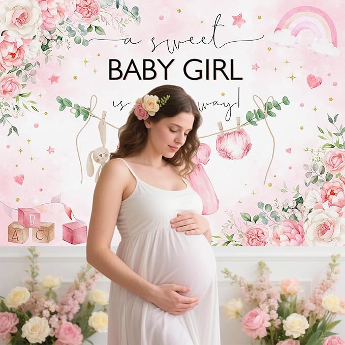 Mocsicka Pink Floral Baby Shower Backdrop for Girls - Blush Pink Girls Dress Background - It's a Girl Sweet Baby Girl Shower Decorations Banner Photo Booth Props (7x5ft)