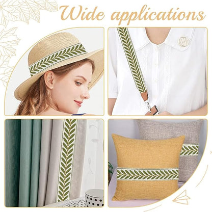 OLYCRAFT 10.9Yards Jacquard Ribbon Trim 2.4 Inch Leaf Pattern Jacquard Polyester Ribbons White Green Leaf Jacquard Woven Embroidery Trim for DIY Sewing Crafts Handmade Bag Belts Clothing Decoration