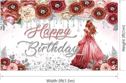 AOFOTO Happy Birthday Backdrop Red Beige Pink Rose Floral Diamond Print Photography Background for Women Girls Birthday Party Banner Home Wall Decor Photo Studio Booth Props 5x3ft