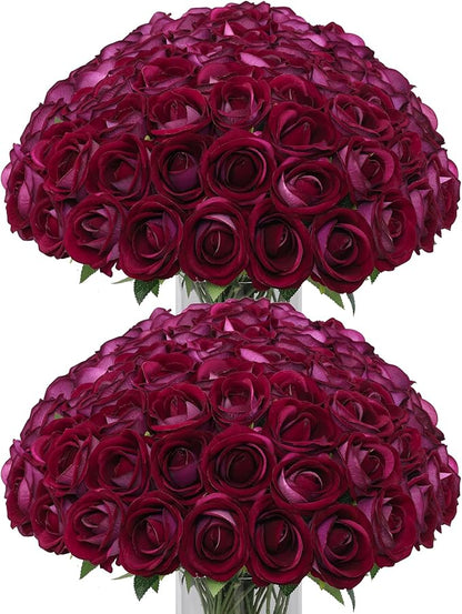 LFF 50Pcs Fake Purple Red Roses Artificial Flowers with Long Stems, Realistic Silk Faux Roses in Bulk, Wedding Bouquet, DIY Floral Arrangement for Home/Wedding/Proposal Ceremony Decoration(Purple Red)
