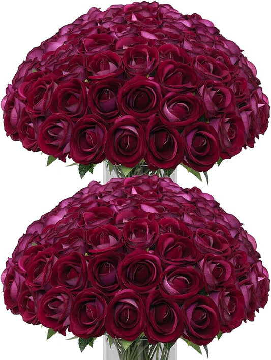 LFF 50Pcs Fake Purple Red Roses Artificial Flowers with Long Stems, Realistic Silk Faux Roses in Bulk, Wedding Bouquet, DIY Floral Arrangement for Home/Wedding/Proposal Ceremony Decoration(Purple Red)