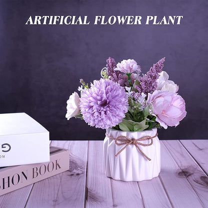 Artificial Potted Flowers, Small Ceramic Vase Fake Flower Plants Desktop Decoration Indoor for Home and Office, Faux Flowers Hydrangea Decora for Table,Bookshelf,Bedroom,Living Room,Party.(Purple)