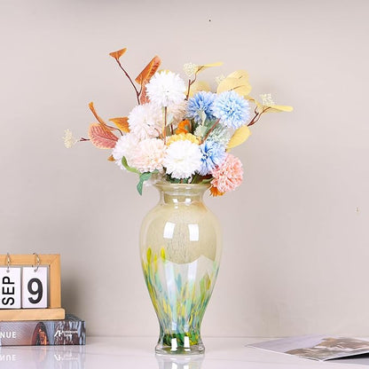 Hand Blown Glass Vase 11.8" Tall Beautiful Green Sea Wide Mouth Bud Vase for Table Centerpiece, Painted Colorful Murano Glass Flower Vases for - Home Entrance Wedding Center