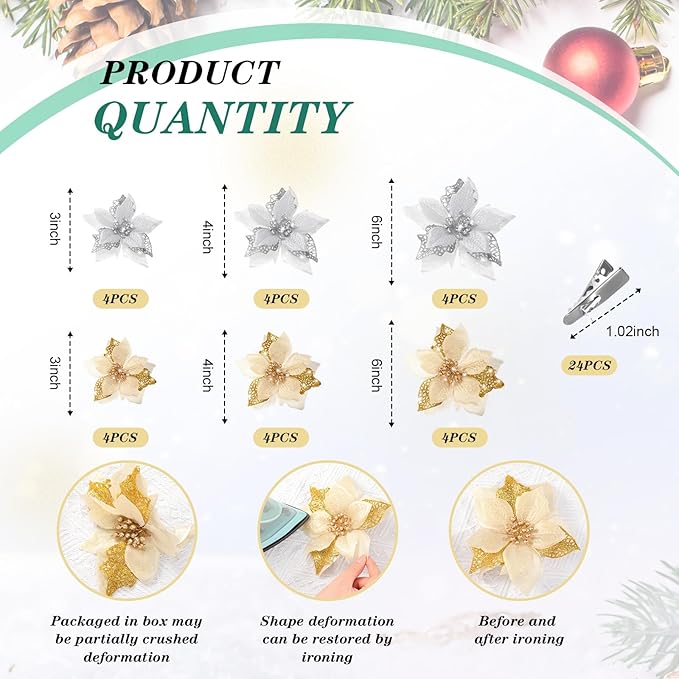 Boao 24 Pieces Christmas Artificial Glitter Poinsettia Flowers Xmas Flowers Wedding Christmas Tree New Year Ornaments (Gold and Silver)