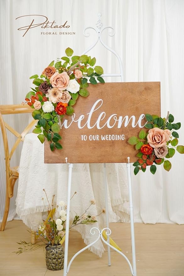 Wedding Decor (Pack of 2) Welcome Sign Flower Backdrop Garland for Ceremony Reception Wall Easel Home Decoration Entryway Faux Outdoor Board Head Table Decor (Orange & Terracotta)