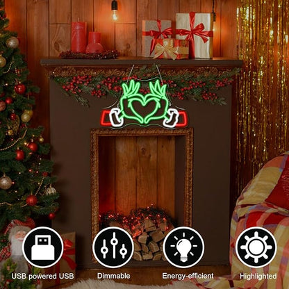 Merry Grinchmas Neon Sign Grinch Green Hands Neon Light Grinch Ornament Wall Decor Christmas Grinch Outdoor Decor Holiday Grinchy Gift for kids