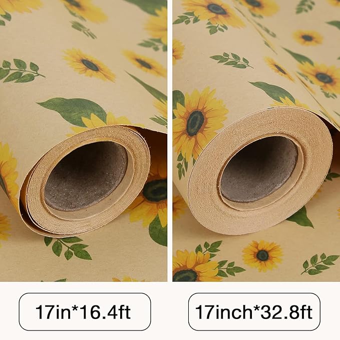 Aimyoo Sunflower Kraft Wrapping Paper Roll - Mini Roll - 17 in x 32.8 ft - All Occasion Floral Gift Wrap Paper for Wedding Bridal Shower Birthday