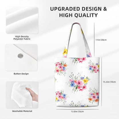 Canvas Tote Bag, Floral Bouquet Aesthetic Cute Girls Women Reusable Grocery Shopping Shoulder Bags for Book, Travel, Work
