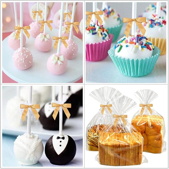 50 Pieces 3 inch Satin Ribbon Twist Tie Bows, Gold Pretied Bows with Twist Ties, Twist Bows Treats Bags, Bow Ties for Treats, Cake Pops, Baby Shower, Crafts, Gift Wrapping Favors, Cookies