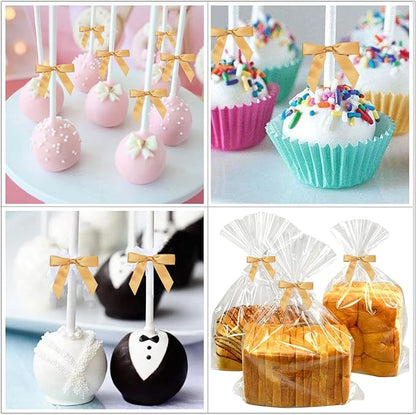50 Pieces 3 inch Satin Ribbon Twist Tie Bows, Gold Pretied Bows with Twist Ties, Twist Bows Treats Bags, Bow Ties for Treats, Cake Pops, Baby Shower, Crafts, Gift Wrapping Favors, Cookies