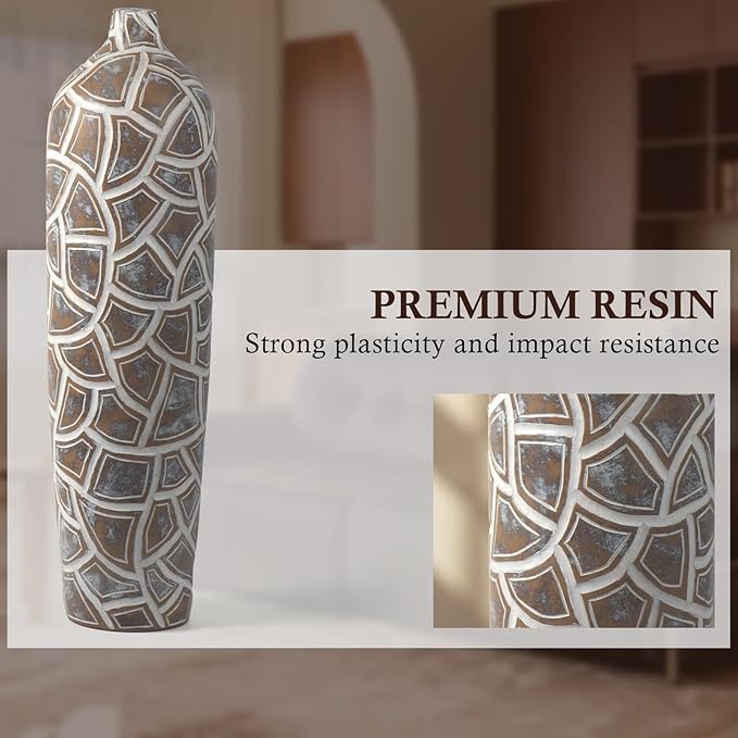 Modern Large Floor Vase,Brown Carved Texture Resin Vase for Home Decor,24.6'' Tall Flower Vases for Entryway Living Room
