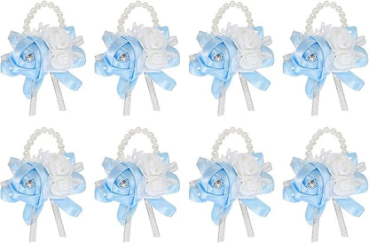 MECCANIXITY 8Pcs Wrist Corsage Artificial Flower Bracelets Rose Wrist Bride Groom Decorative for Wedding Ceremony Prom Party Anniversary Sky Blue
