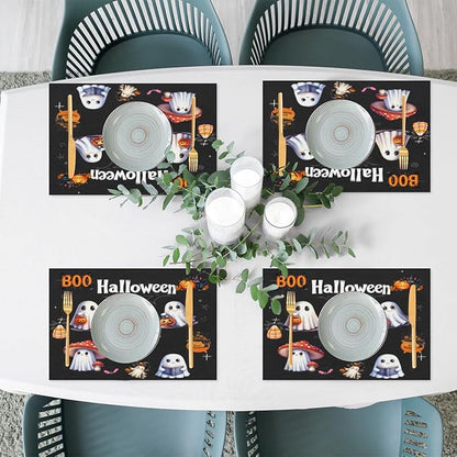Halloween Ghosts Pumpkin Cute Placemats Set of 6 PVC Vinyl Non Slip Table Mats Heat Resistant Place Mats Washable Wipeable Dining Table Mat for Kitchen Decor Party Indoor Outdoor Decorative Gift