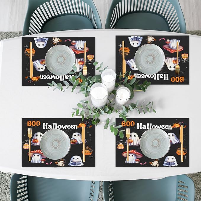 Halloween Ghosts Pumpkin Cute Placemats Set of 1 PVC Vinyl Non Slip Table Mats Heat Resistant Place Mats Washable Wipeable Dining Table Mat for Kitchen Decor Party Indoor Outdoor Decorative Gift