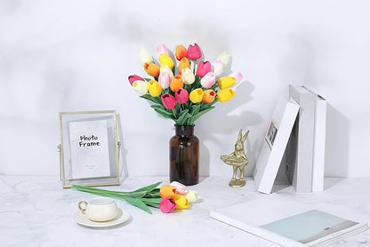SITUMEIZI Fake Flowers Tulips Artificial Silk Flower 15pcs Real Touch 14" for Spring Easter Home Kitchen Wedding Bouquet Bulk Mother's Gift Day Decorations(Multicolor,5-1)