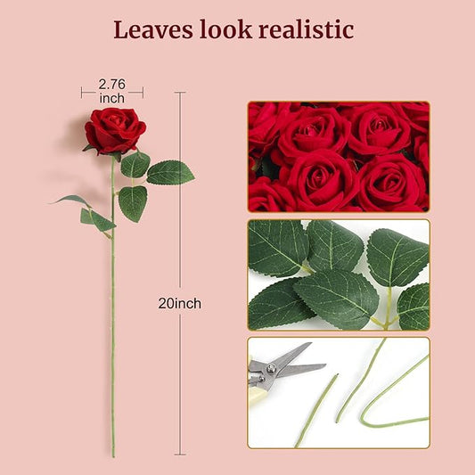 Auihiay 60Pcs Red Roses Artificial Flowers, Velvet Silk Faux Roses, Realistic Red Flowers for Wedding Centerpieces, Cake, Bridal Bouquets, Home Decor, Anniversary, Valentine's Day Decorations
