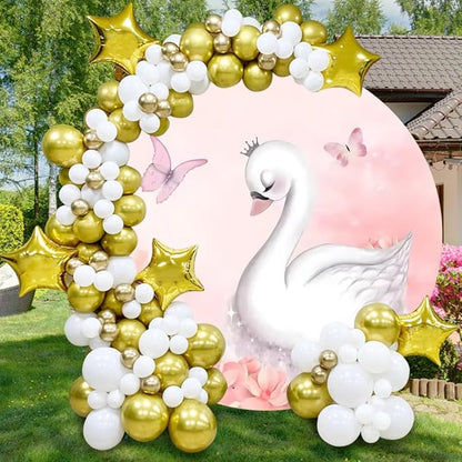 AOFOTO Swan Round Backdrop Pink Floral Butterfly Print Photography Background for Baby Shower Women Newborn Girls Birthday Party Banner Home Wall Decor Photo Studio Booth Props 5x5ft
