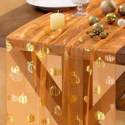 Socomi Gold Table Runner Fall Pumpkin Gauze Sheer Chiffon Cheesecloth Sequin 10FT Glitter Metallic Foil Dining Wedding Birthday Party Baby Shower Holiday Centerpiece Table Decor 3pcs Orange