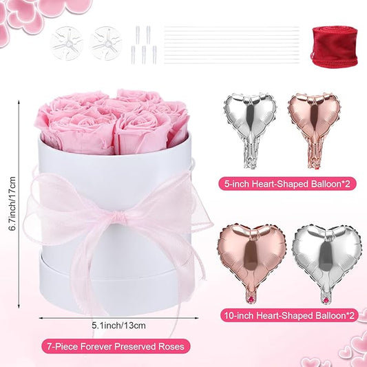 Pink Preserved Roses in Box 7 Preserved Forever Flower in a Round Box Last 1-3 Years with Heart Balloon Christmas Surprise Gift for Women Loved One Mom Valentines Anniversaries Need Assembly