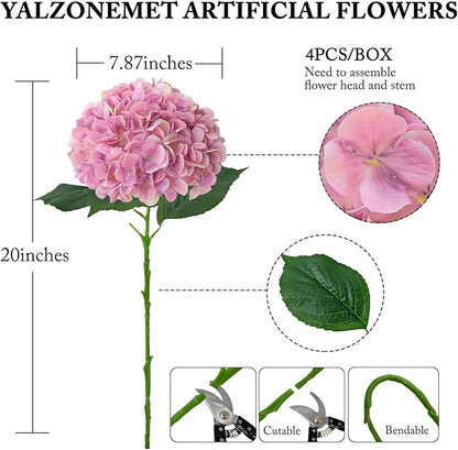 YalzoneMet 4Pcs Pink Purple Silk Hydrangea Artificial Flower Lifelike Big Blooms 20'' Long Stem Faux Hydrangea Flower Bouquets for Home Party Indoor Outdoor Wedding Table Centerpiece Decor