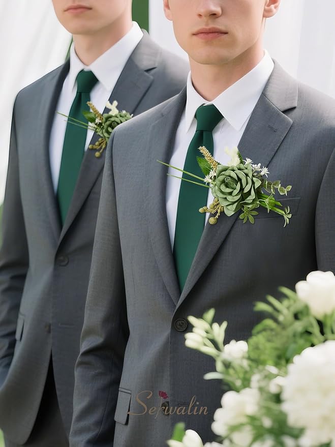 Serwalin Set of 2 Boutonniere for Men, 6-7inch Corsage Groom Groomsman Best Man Boutonnieres for Wedding Prom Ceremony Anniversary Party Cake Topper, Green
