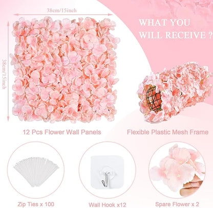 Flower Wall Panel Wedding Backdrop: 12 Pcs Artificial Flower Wall Backdrop 3D Silk Hydrangea Floral Wall for Bridal Shower Party Birthday Decoration (Blush, 15 x 15 Inch)