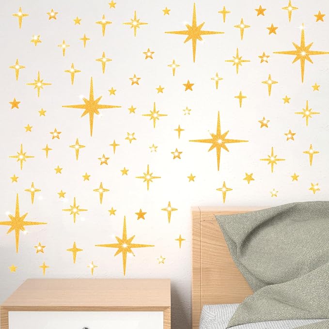 AOWDIAO Glitter Gold Star Peel and Stick Wall Decals - 120 Pcs, Assorted Shapes & Sizes for Room Decor
