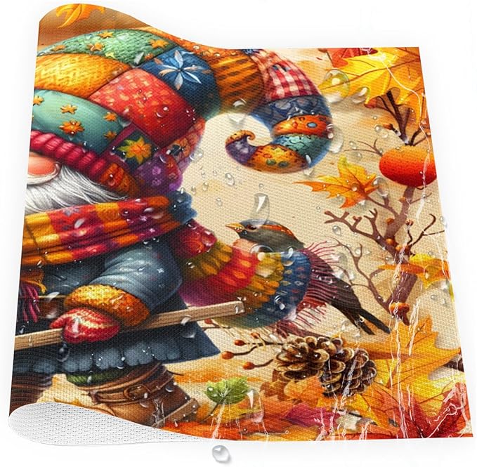Autumn Gnome Pumpkin Flower Placemats Set of 1 PVC Vinyl Non Slip Table Mats Heat Resistant Place Mats Washable Wipeable Dining Table Mat for Kitchen Decor Party Indoor Outdoor Decorative Gift